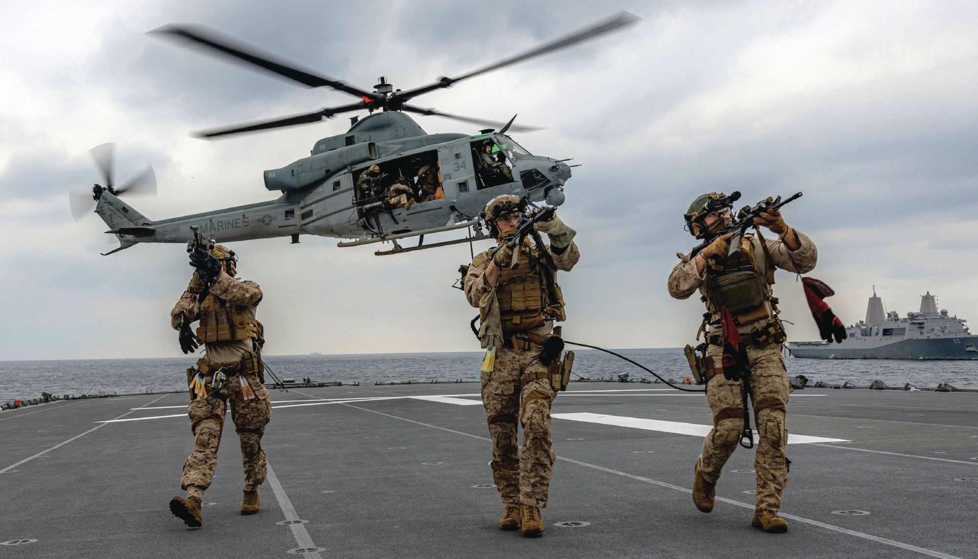 Marines with maritime raid force, 31st Marine Expeditionary Unit, conduct visit, board, search, and seizure exercise aboard Japan Maritime Self-Defense Force tank landing ship JS Osumi during Iron Fist 23, Pacific Ocean, March 4, 2023 (U.S. Marine Corps/Marcos A. Alvarado)